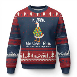 Funny Silly Goose Neurodivergent Support Ugly Christmas Sweater In April We Wear Blue For Autism Acceptance TS14 Navy Red Print Your Wear