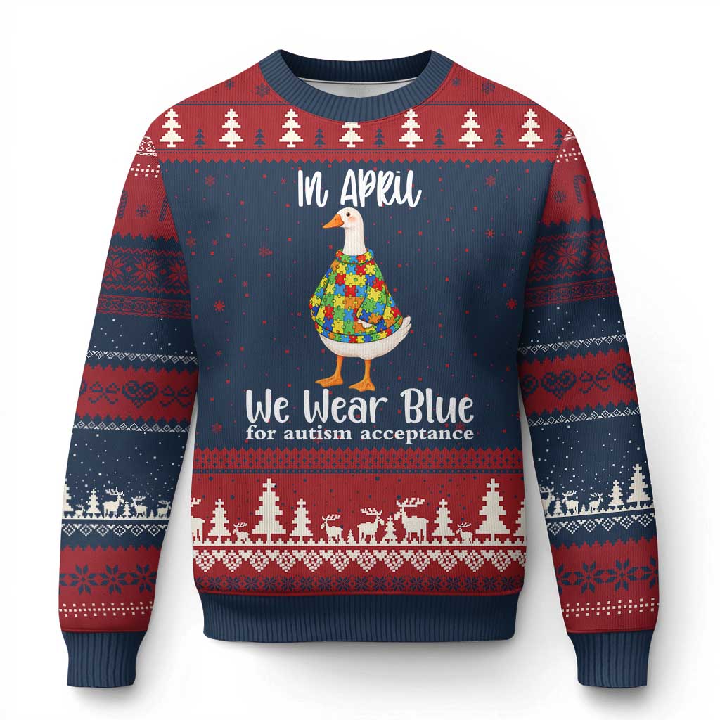 Funny Silly Goose Neurodivergent Support Ugly Christmas Sweater In April We Wear Blue For Autism Acceptance TS14 Navy Red Print Your Wear