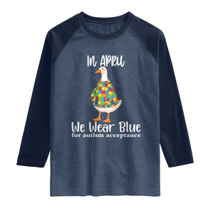 Funny Silly Goose Neurodivergent Support Raglan Shirt In April We Wear Blue For Autism Acceptance TS14 Heather Denim Navy Print Your Wear