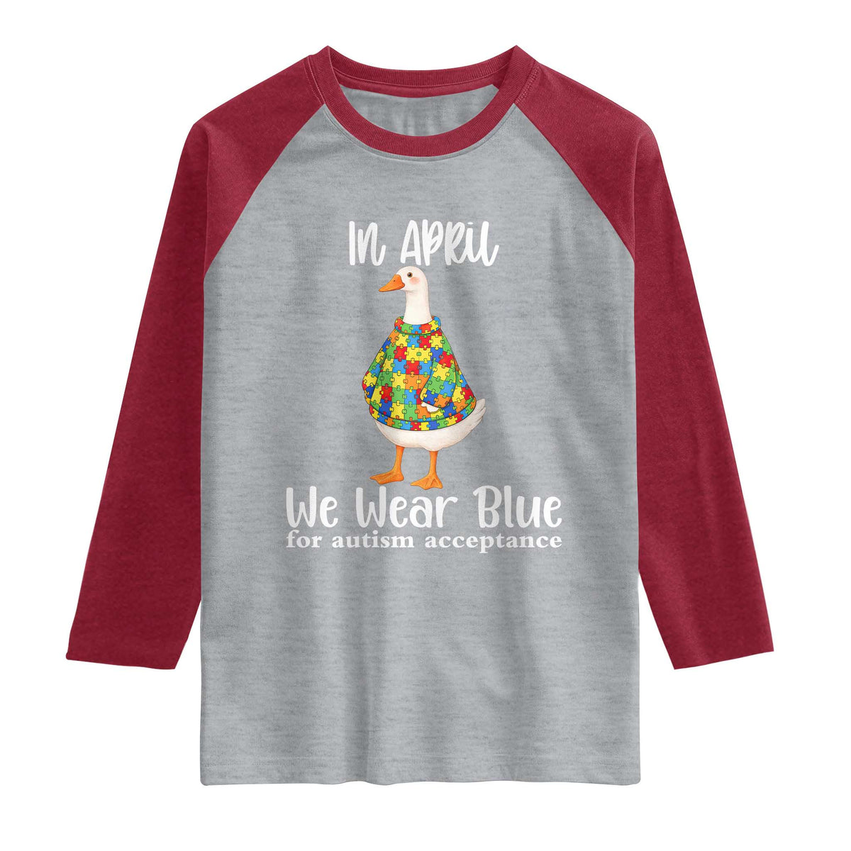 Funny Silly Goose Neurodivergent Support Raglan Shirt In April We Wear Blue For Autism Acceptance TS14 Heather Gray Heather Red Print Your Wear