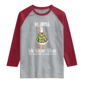 Funny Silly Goose Neurodivergent Support Raglan Shirt In April We Wear Blue For Autism Acceptance TS14 Heather Gray Heather Red Print Your Wear
