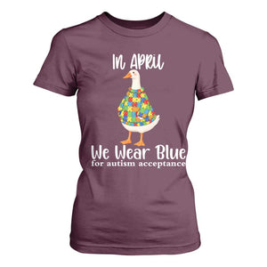 Funny Silly Goose Neurodivergent Support T Shirt For Women In April We Wear Blue For Autism Acceptance TS14 Maroon Print Your Wear