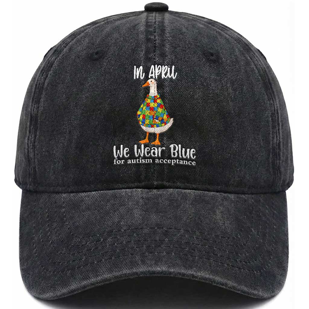 Funny Silly Goose Neurodivergent Support Washed Cotton Baseball Cap In April We Wear Blue For Autism Acceptance TS14 Print Your Wear