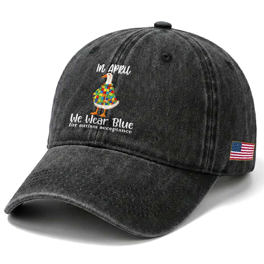 Funny Silly Goose Neurodivergent Support Washed Cotton Baseball Cap In April We Wear Blue For Autism Acceptance TS14 Print Your Wear