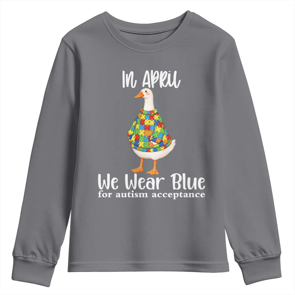 Funny Silly Goose Neurodivergent Support Youth Sweatshirt In April We Wear Blue For Autism Acceptance TS14 Charcoal Print Your Wear