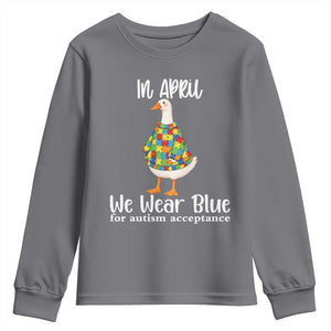 Funny Silly Goose Neurodivergent Support Youth Sweatshirt In April We Wear Blue For Autism Acceptance TS14 Charcoal Print Your Wear