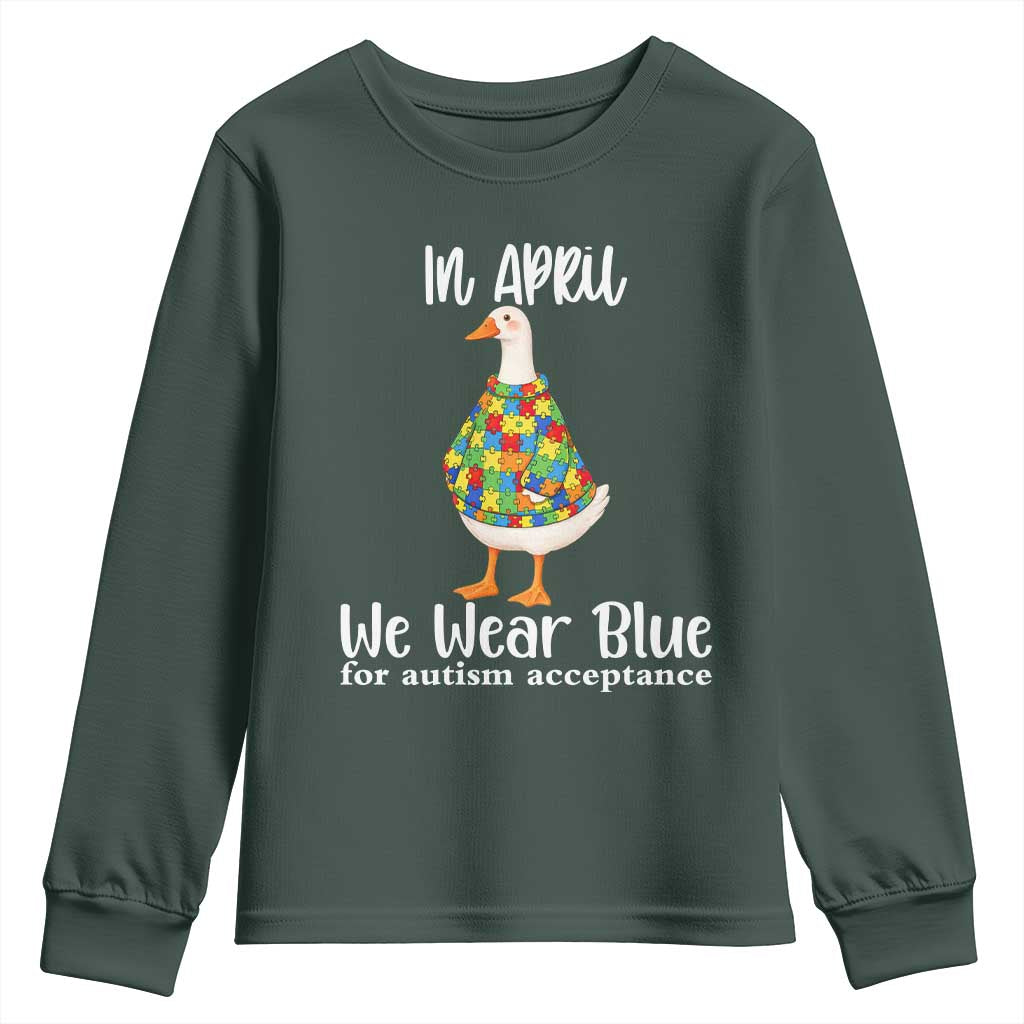 Funny Silly Goose Neurodivergent Support Youth Sweatshirt In April We Wear Blue For Autism Acceptance TS14 Dark Forest Green Print Your Wear