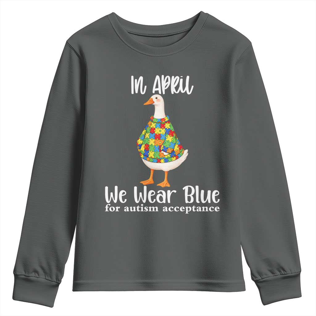 Funny Silly Goose Neurodivergent Support Youth Sweatshirt In April We Wear Blue For Autism Acceptance TS14 Dark Heather Print Your Wear