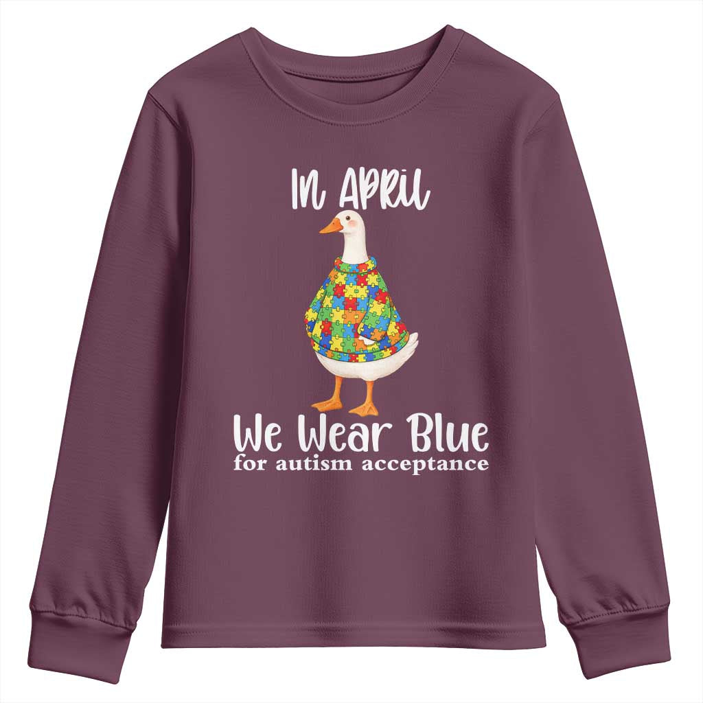 Funny Silly Goose Neurodivergent Support Youth Sweatshirt In April We Wear Blue For Autism Acceptance TS14 Maroon Print Your Wear