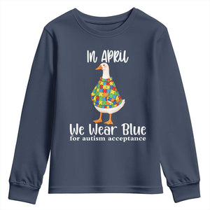 Funny Silly Goose Neurodivergent Support Youth Sweatshirt In April We Wear Blue For Autism Acceptance TS14 Navy Print Your Wear
