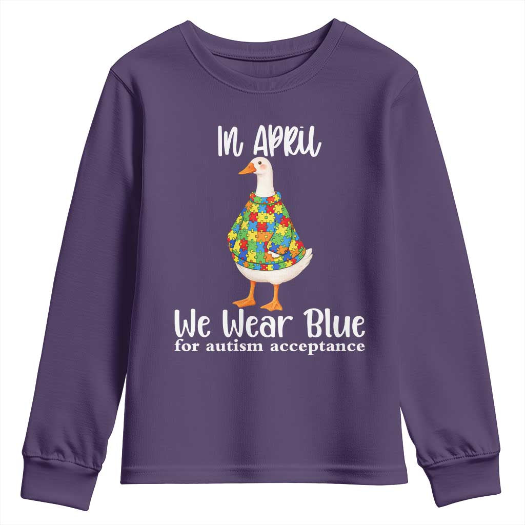 Funny Silly Goose Neurodivergent Support Youth Sweatshirt In April We Wear Blue For Autism Acceptance TS14 Purple Print Your Wear