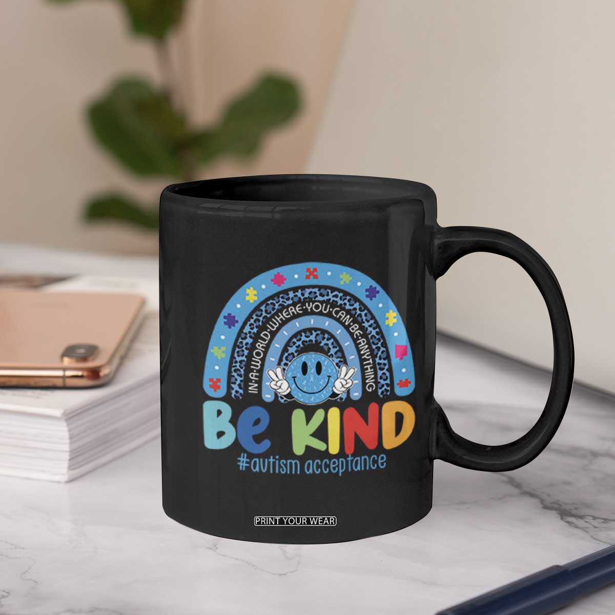 Autism Acceptance Coffee Mug Rainbow in April We Wear Blue Ribbon Autism TS14 Print Your Wear