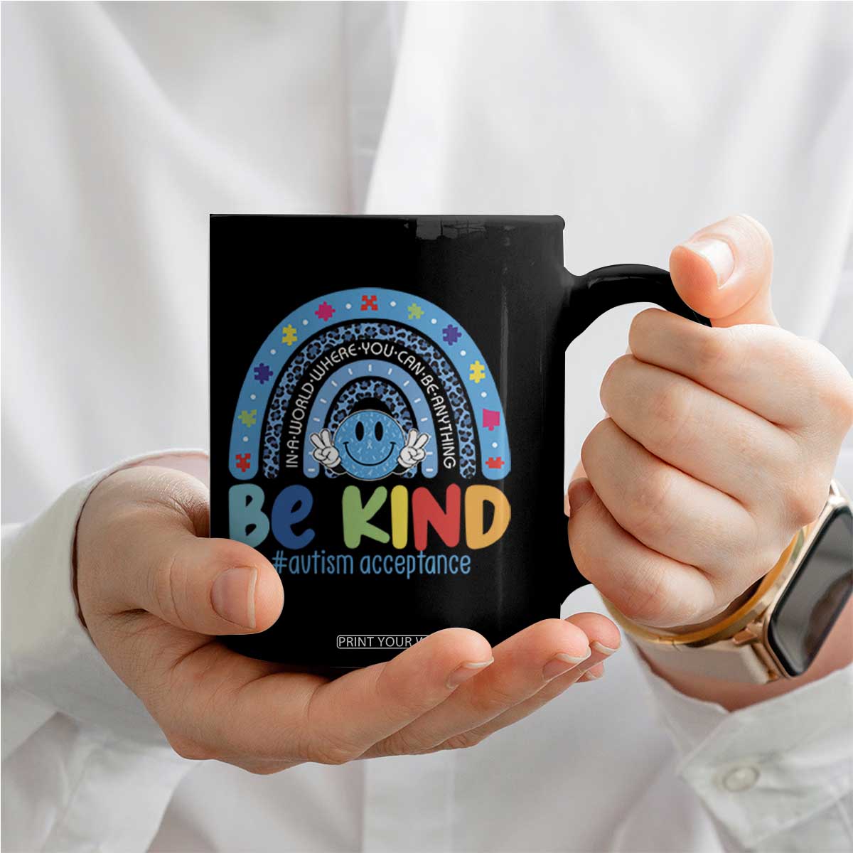 Autism Acceptance Coffee Mug Rainbow in April We Wear Blue Ribbon Autism TS14 Print Your Wear