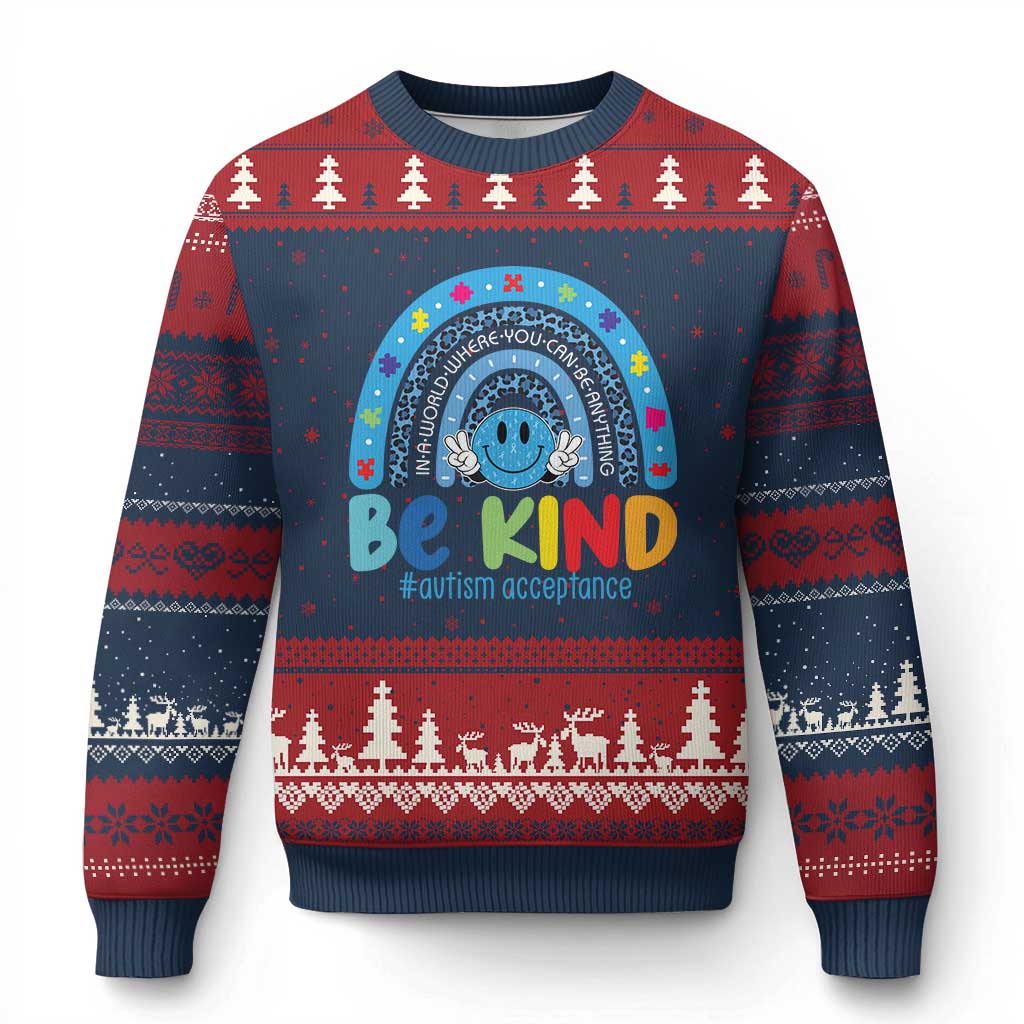 Autism Acceptance Ugly Christmas Sweater Rainbow in April We Wear Blue Ribbon Autism TS14 Navy Red Print Your Wear