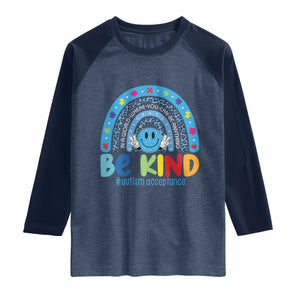 Autism Acceptance Raglan Shirt Rainbow in April We Wear Blue Ribbon Autism TS14 Heather Denim Navy Print Your Wear