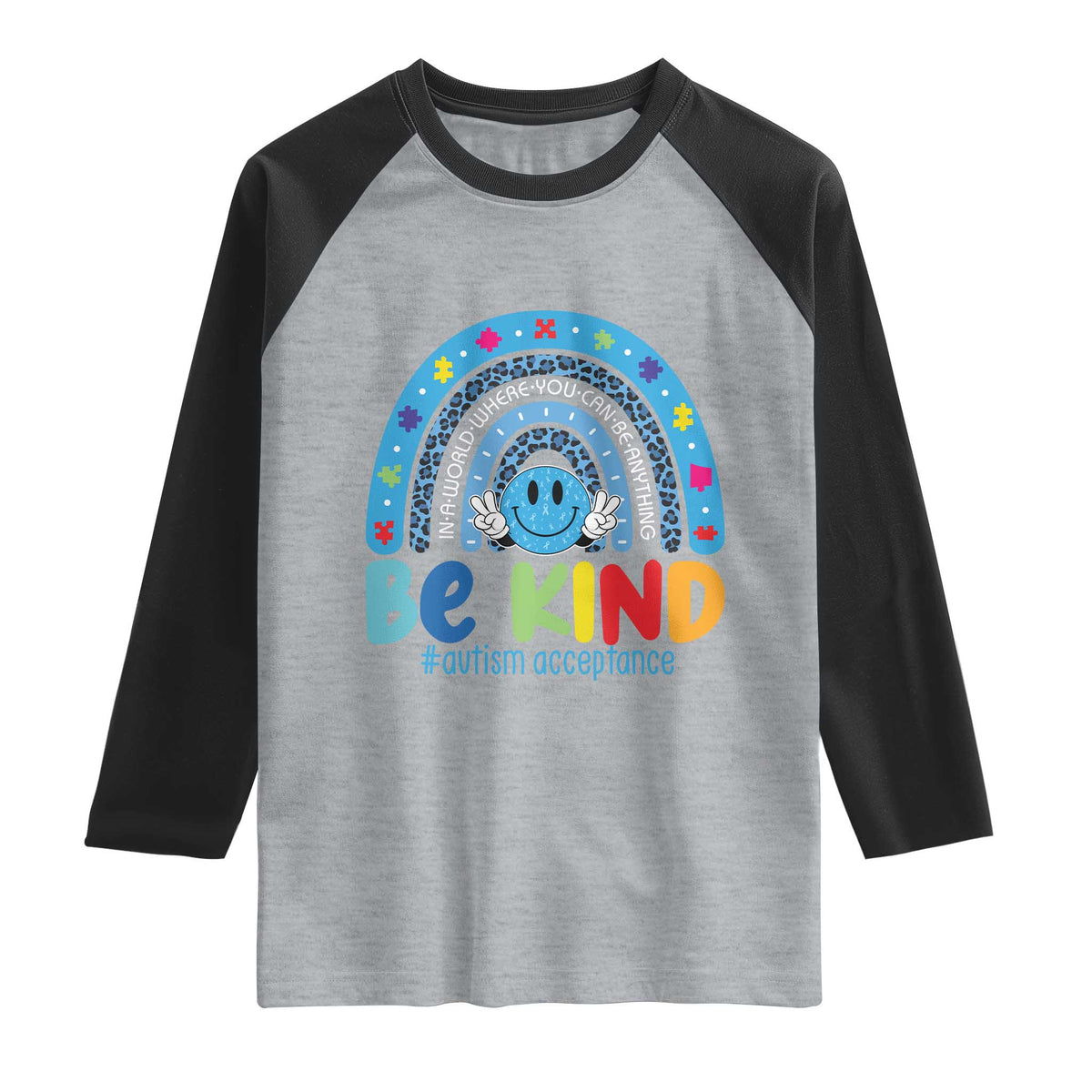 Autism Acceptance Raglan Shirt Rainbow in April We Wear Blue Ribbon Autism TS14 Heather Gray Black Print Your Wear