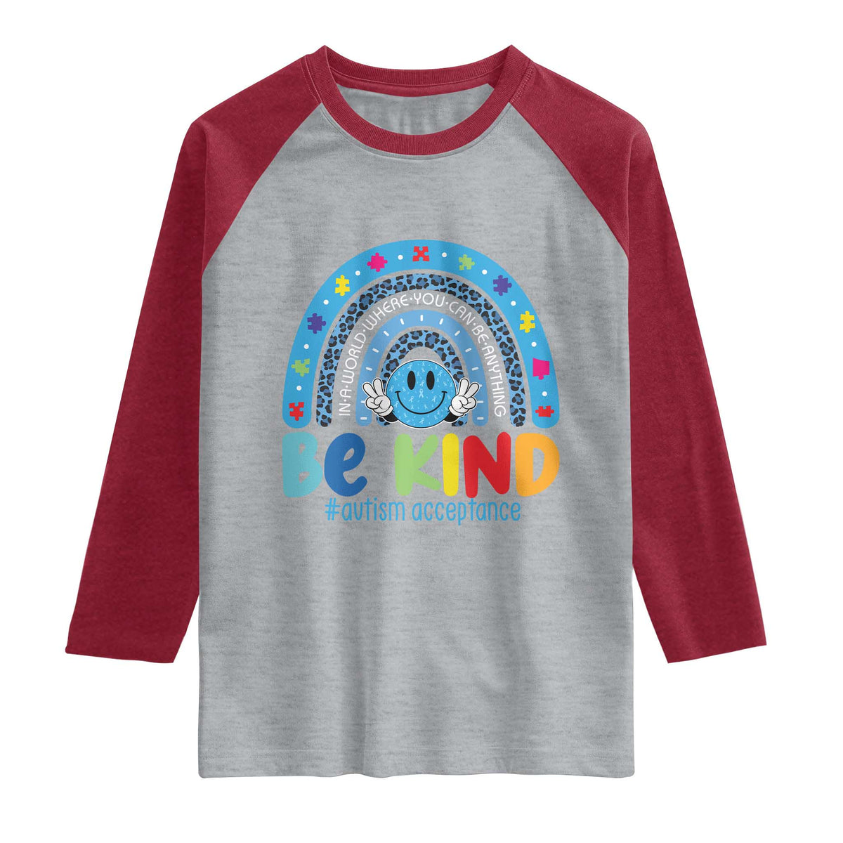 Autism Acceptance Raglan Shirt Rainbow in April We Wear Blue Ribbon Autism TS14 Heather Gray Heather Red Print Your Wear