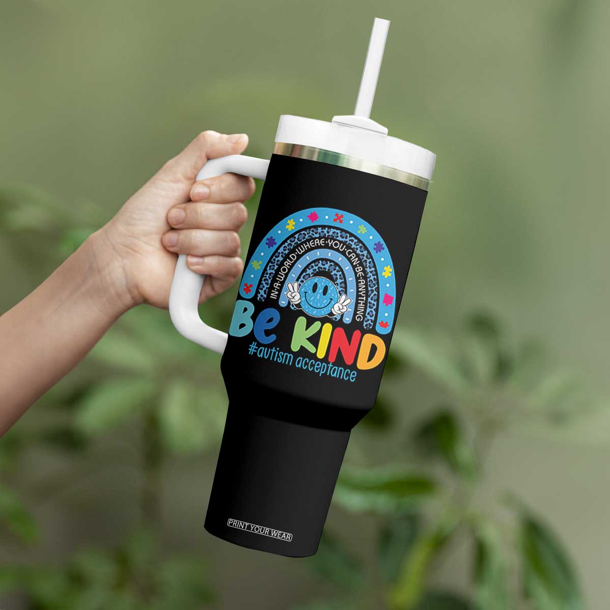 Autism Acceptance Tumbler With Handle Rainbow in April We Wear Blue Ribbon Autism TS14 Print Your Wear