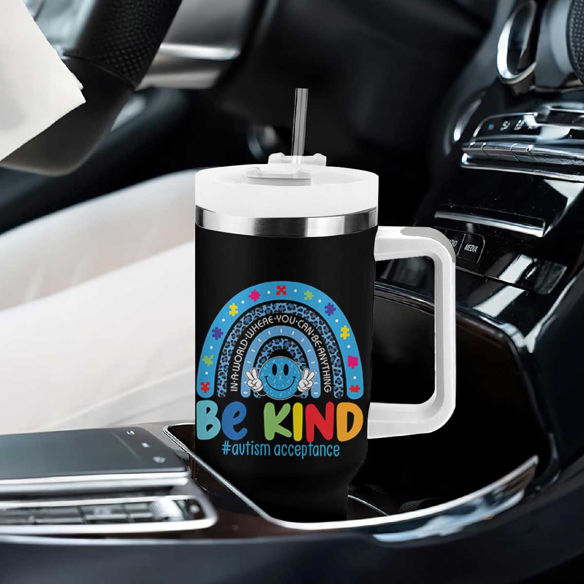 Autism Acceptance Tumbler With Handle Rainbow in April We Wear Blue Ribbon Autism TS14 Print Your Wear