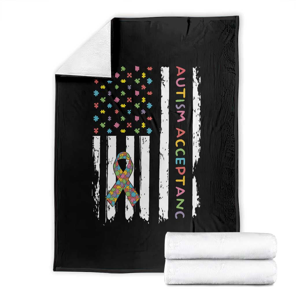 Autism Acceptance Throw Blanket American Flag Neurodivergent Support Ribbon Puzzle TS14 Black Print Your Wear
