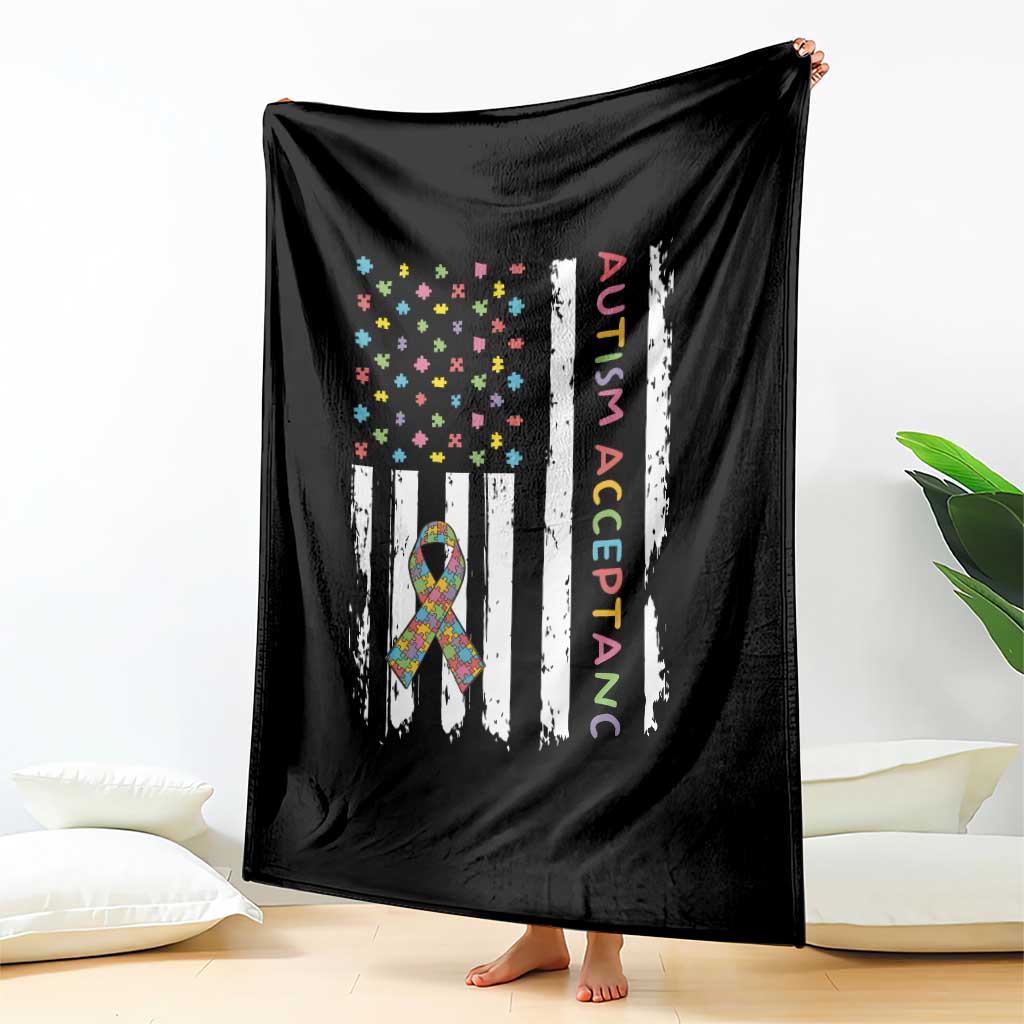 Autism Acceptance Throw Blanket American Flag Neurodivergent Support Ribbon Puzzle TS14 Print Your Wear