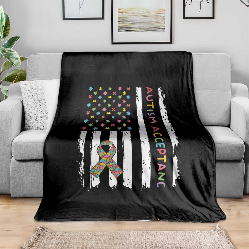Autism Acceptance Throw Blanket American Flag Neurodivergent Support Ribbon Puzzle TS14 Print Your Wear