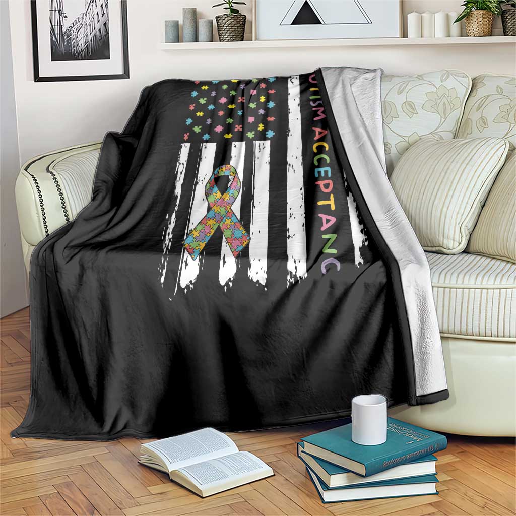 Autism Acceptance Throw Blanket American Flag Neurodivergent Support Ribbon Puzzle TS14 Print Your Wear
