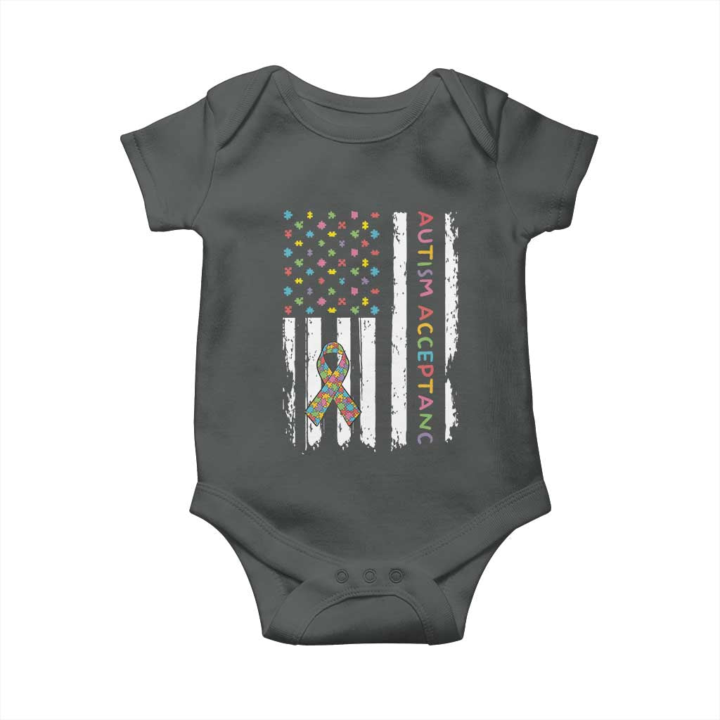 Autism Acceptance Baby Onesie American Flag Neurodivergent Support Ribbon Puzzle TS14 Dark Heather Print Your Wear