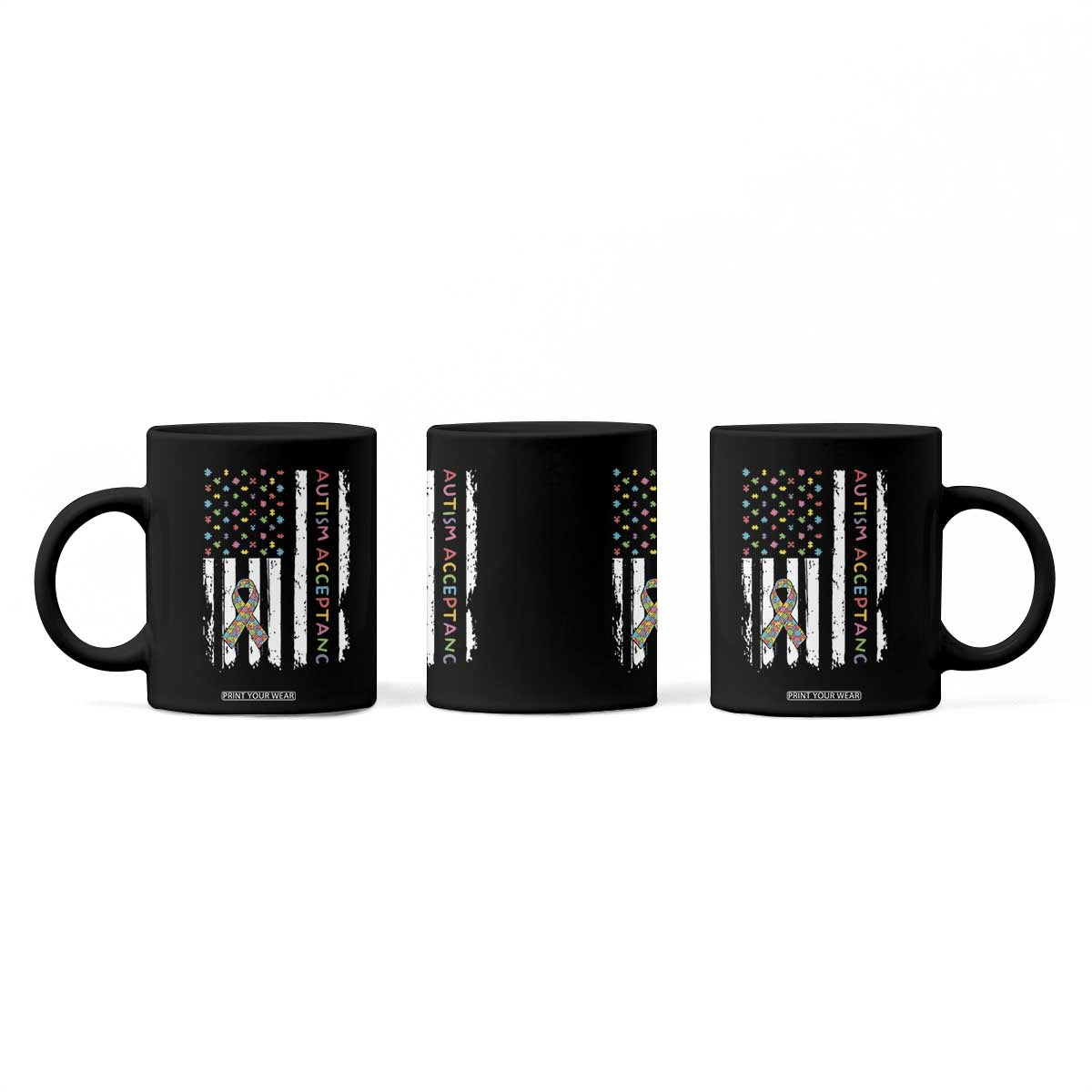 Autism Acceptance Coffee Mug American Flag Neurodivergent Support Ribbon Puzzle TS14 Print Your Wear