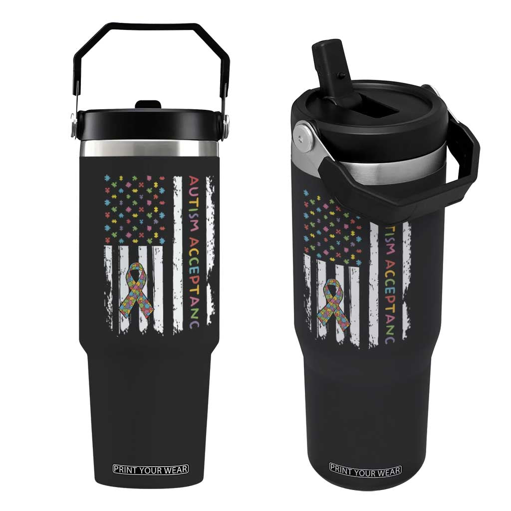 Autism Acceptance Flip Straw Tumbler American Flag Neurodivergent Support Ribbon Puzzle TS14 One Size: 30 oz Black Print Your Wear