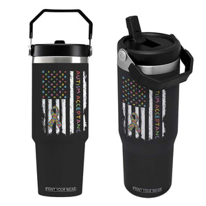 Autism Acceptance Flip Straw Tumbler American Flag Neurodivergent Support Ribbon Puzzle TS14 One Size: 30 oz Black Print Your Wear