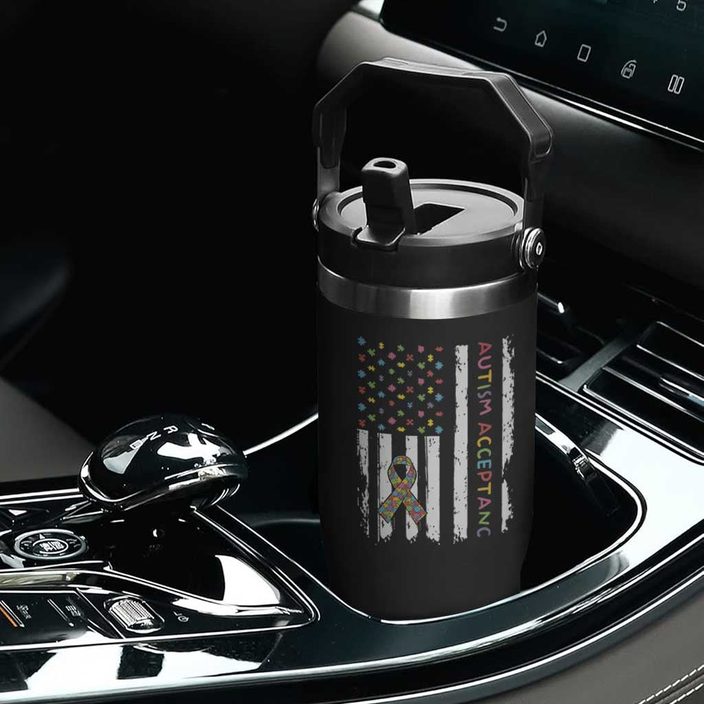 Autism Acceptance Flip Straw Tumbler American Flag Neurodivergent Support Ribbon Puzzle TS14 Print Your Wear
