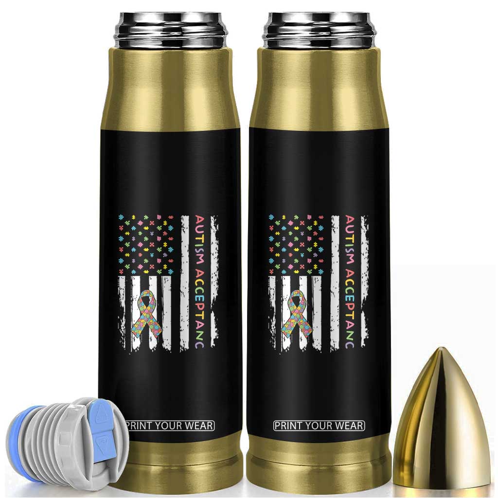Autism Acceptance Bullet Tumbler American Flag Neurodivergent Support Ribbon Puzzle TS14 Black Print Your Wear