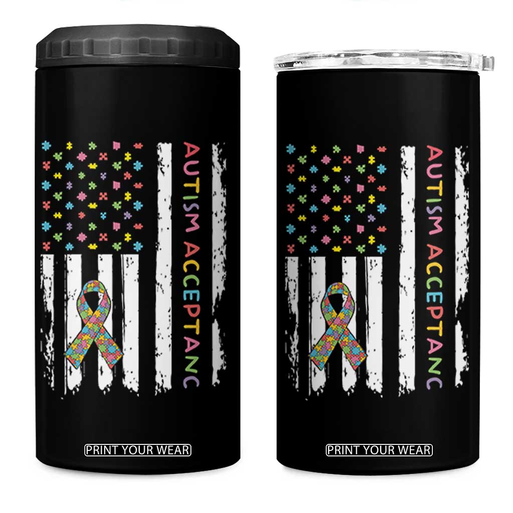 Autism Acceptance 4 in 1 Can Cooler Tumbler American Flag Neurodivergent Support Ribbon Puzzle TS14 One Size: 16 oz Black Print Your Wear