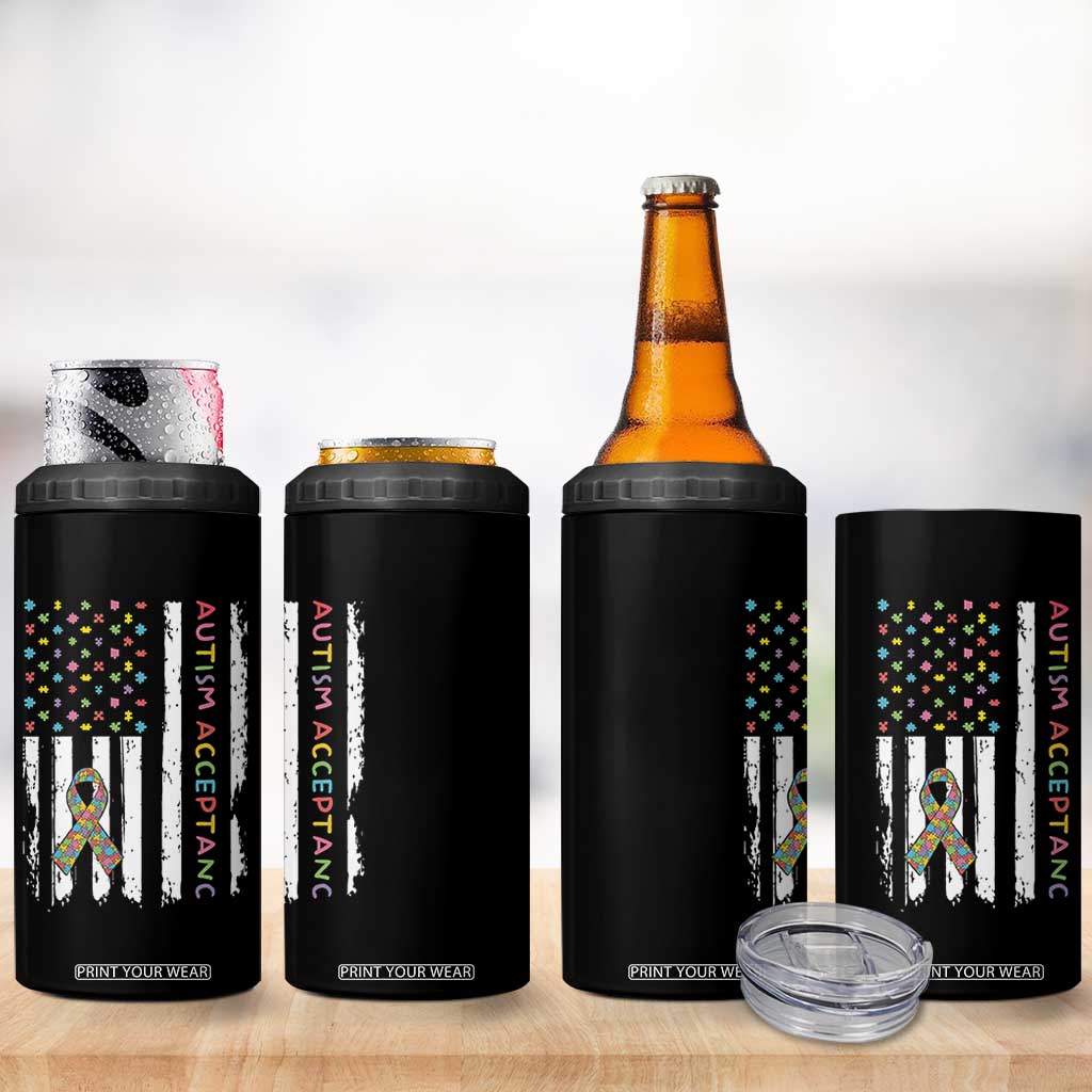 Autism Acceptance 4 in 1 Can Cooler Tumbler American Flag Neurodivergent Support Ribbon Puzzle TS14 Print Your Wear