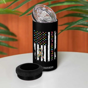 Autism Acceptance 4 in 1 Can Cooler Tumbler American Flag Neurodivergent Support Ribbon Puzzle TS14 Print Your Wear