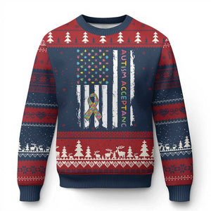 Autism Acceptance Ugly Christmas Sweater American Flag Neurodivergent Support Ribbon Puzzle TS14 Navy Red Print Your Wear