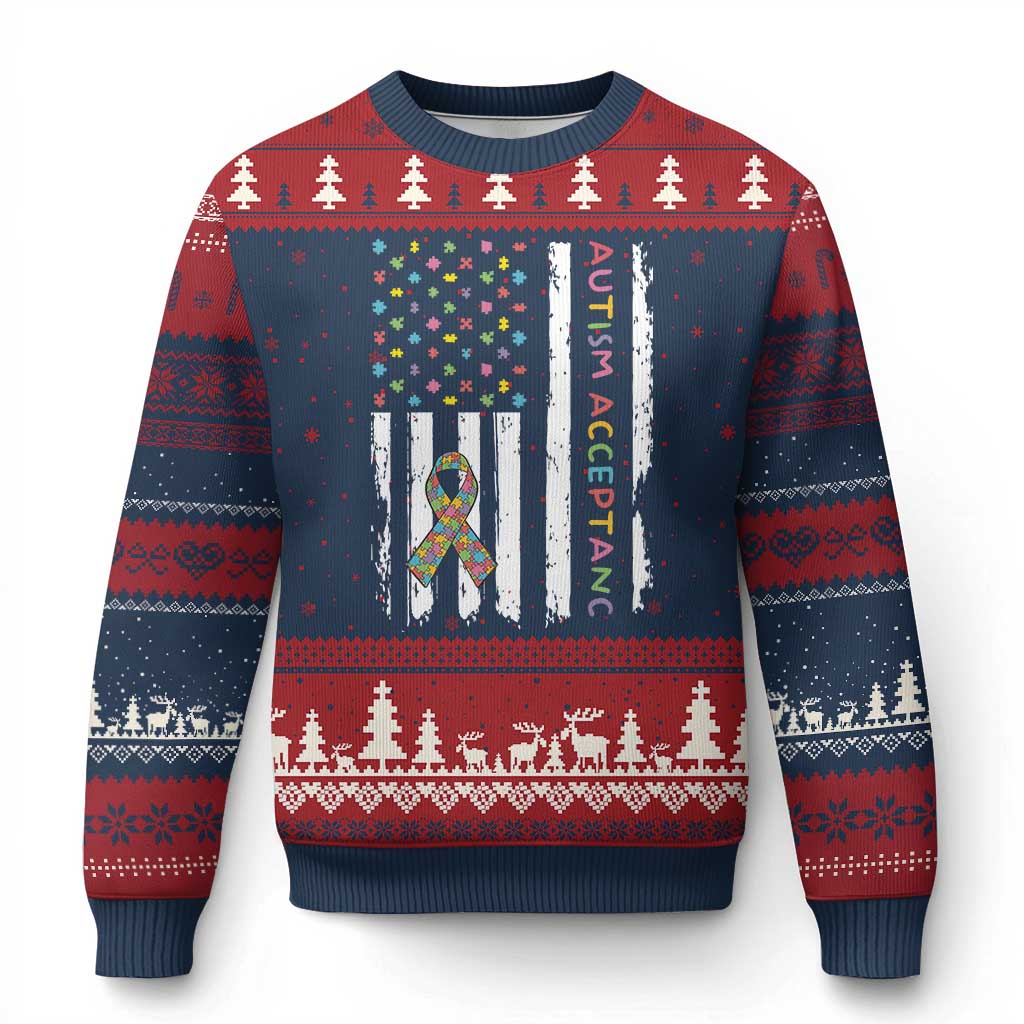 Autism Acceptance Ugly Christmas Sweater American Flag Neurodivergent Support Ribbon Puzzle TS14 Navy Red Print Your Wear