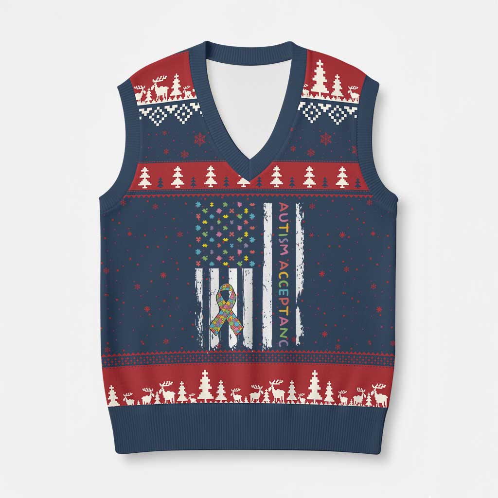Autism Acceptance V-Neck Knit Sweater Vest American Flag Neurodivergent Support Ribbon Puzzle TS14 Navy Red Print Your Wear