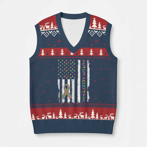 Autism Acceptance V-Neck Knit Sweater Vest American Flag Neurodivergent Support Ribbon Puzzle TS14 Navy Red Print Your Wear