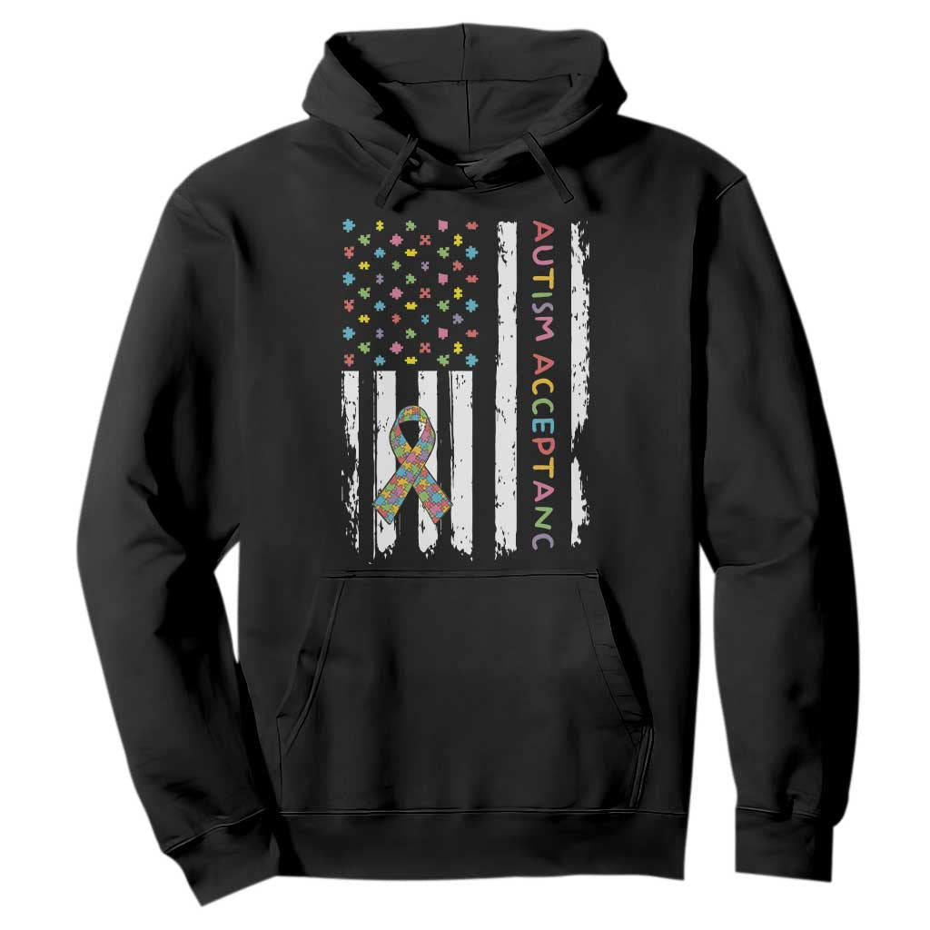 Autism Acceptance Hoodie American Flag Neurodivergent Support Ribbon Puzzle TS14 Black Print Your Wear