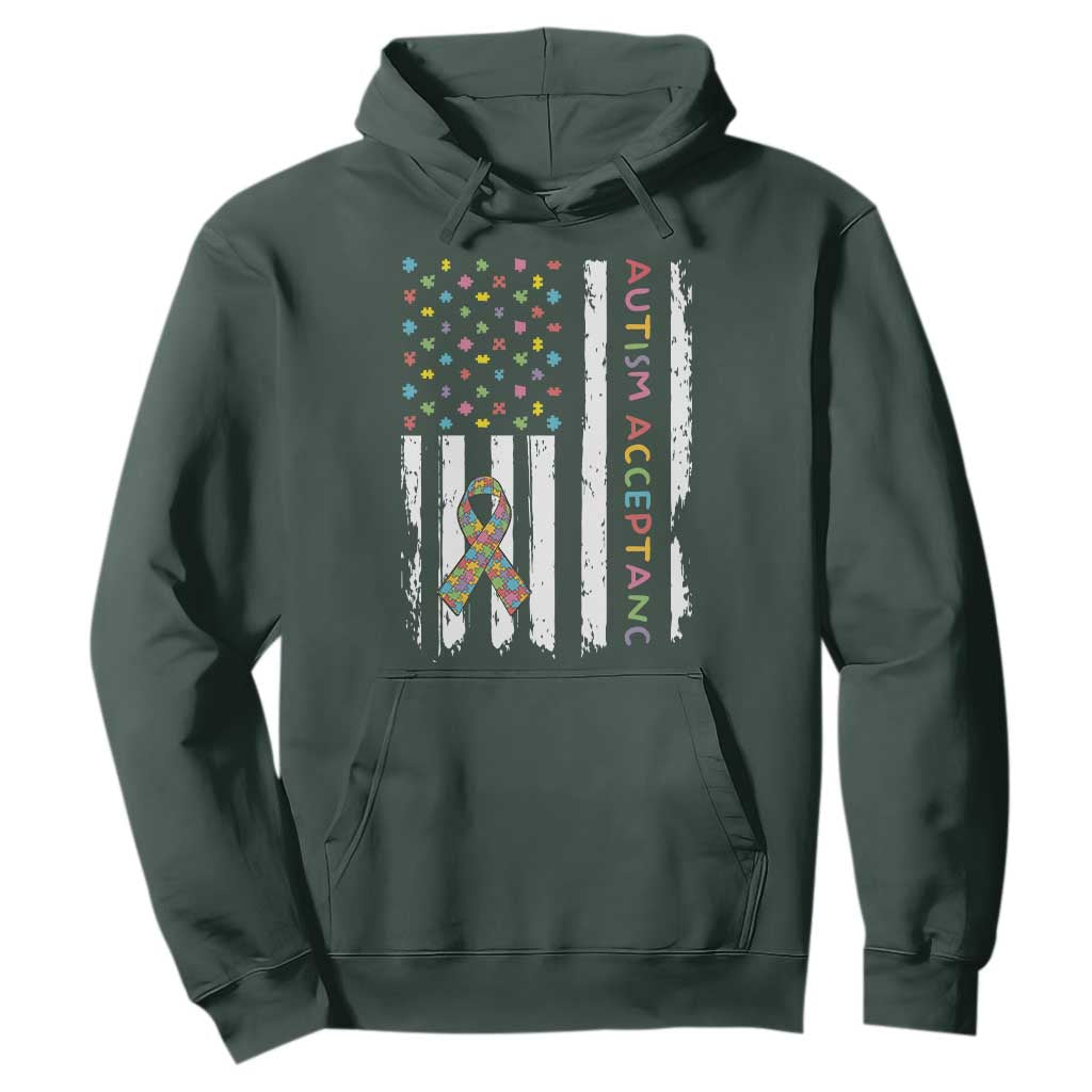 Autism Acceptance Hoodie American Flag Neurodivergent Support Ribbon Puzzle TS14 Dark Forest Green Print Your Wear
