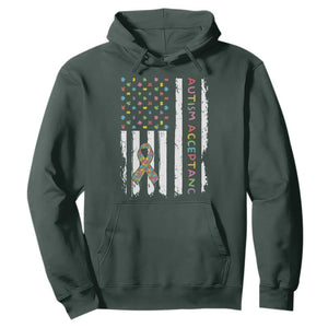 Autism Acceptance Hoodie American Flag Neurodivergent Support Ribbon Puzzle TS14 Dark Forest Green Print Your Wear