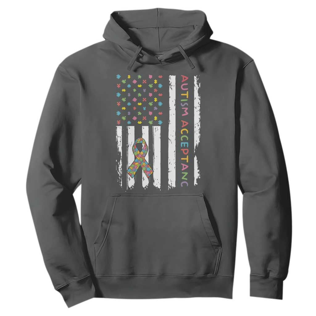 Autism Acceptance Hoodie American Flag Neurodivergent Support Ribbon Puzzle TS14 Dark Heather Print Your Wear