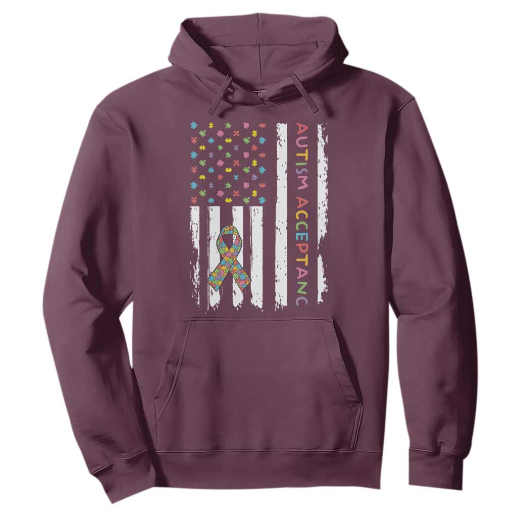 Autism Acceptance Hoodie American Flag Neurodivergent Support Ribbon Puzzle TS14 Maroon Print Your Wear
