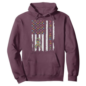 Autism Acceptance Hoodie American Flag Neurodivergent Support Ribbon Puzzle TS14 Maroon Print Your Wear