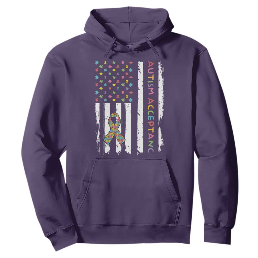 Autism Acceptance Hoodie American Flag Neurodivergent Support Ribbon Puzzle TS14 Purple Print Your Wear