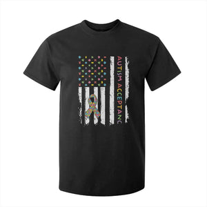 Autism Acceptance T Shirt For Kid American Flag Neurodivergent Support Ribbon Puzzle TS14 Black Print Your Wear