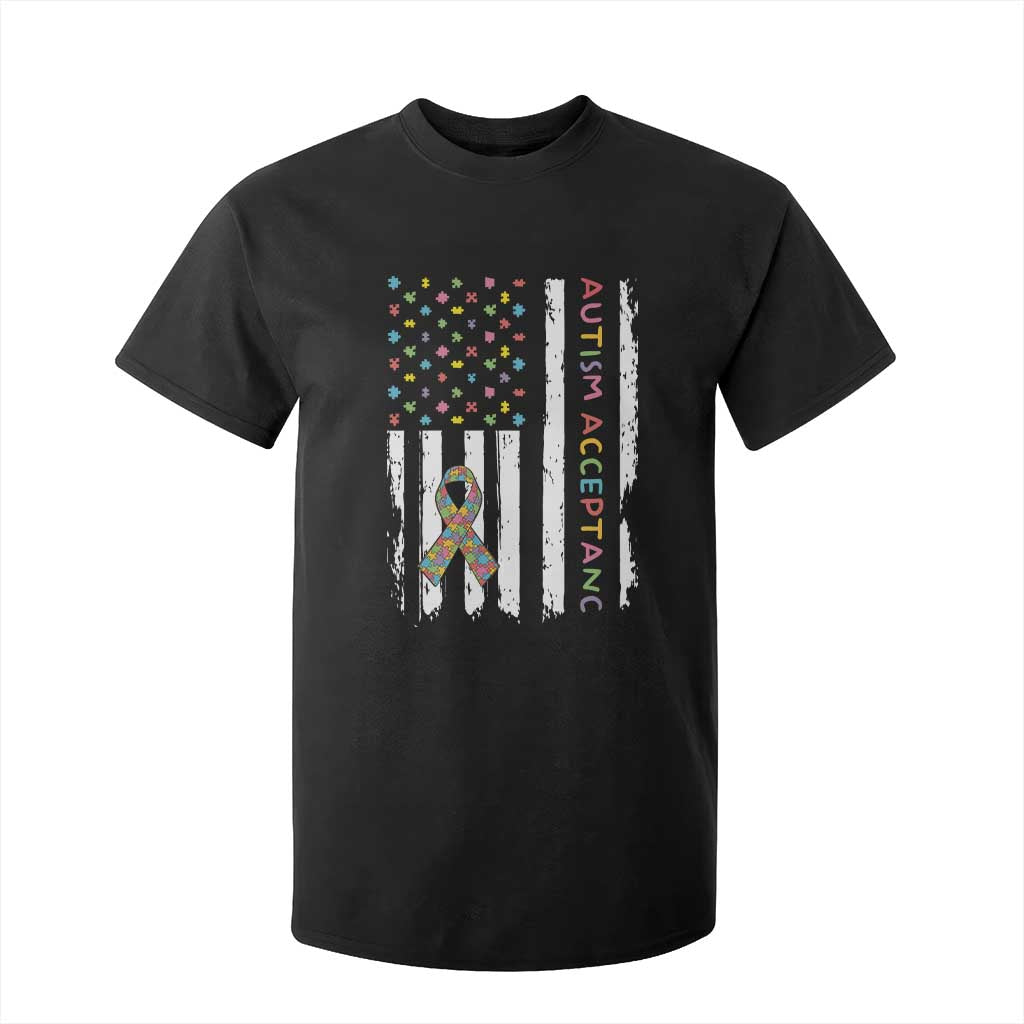 Autism Acceptance T Shirt For Kid American Flag Neurodivergent Support Ribbon Puzzle TS14 Black Print Your Wear