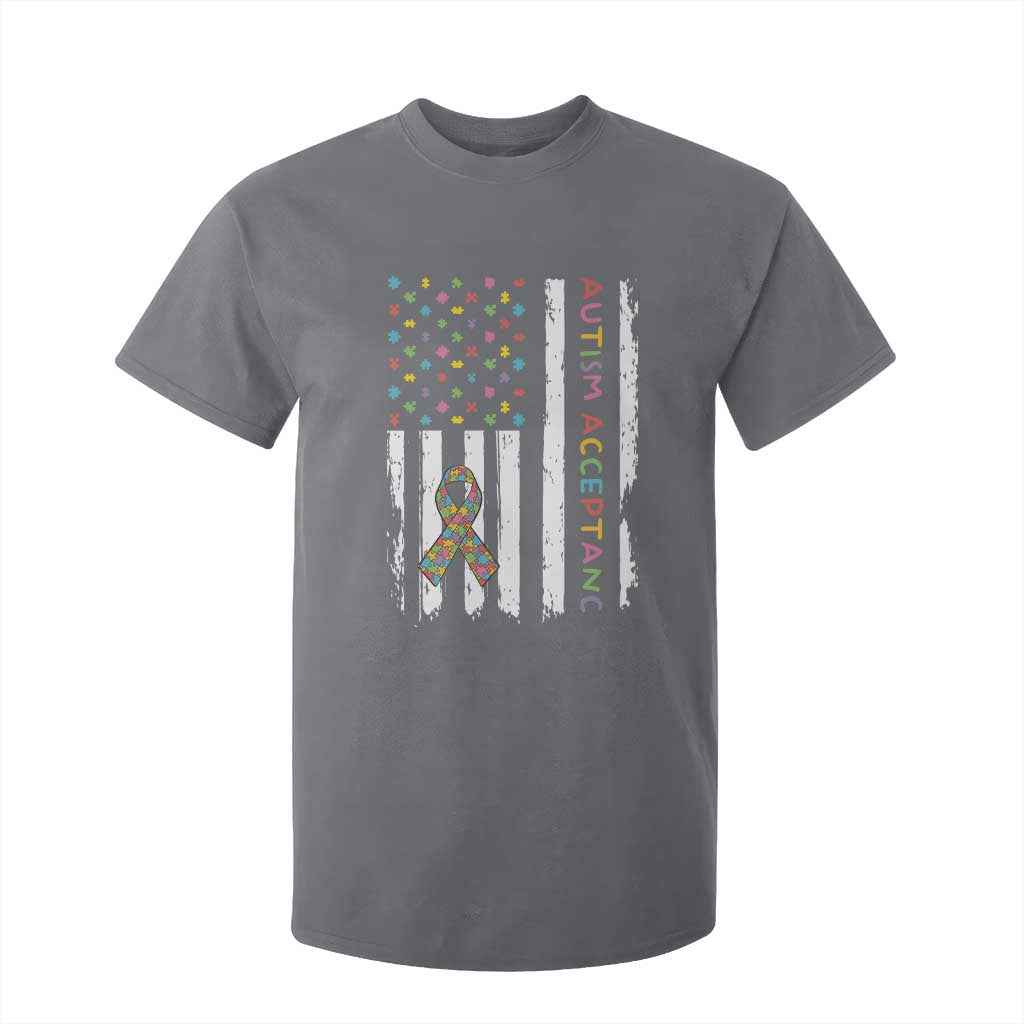 Autism Acceptance T Shirt For Kid American Flag Neurodivergent Support Ribbon Puzzle TS14 Charcoal Print Your Wear